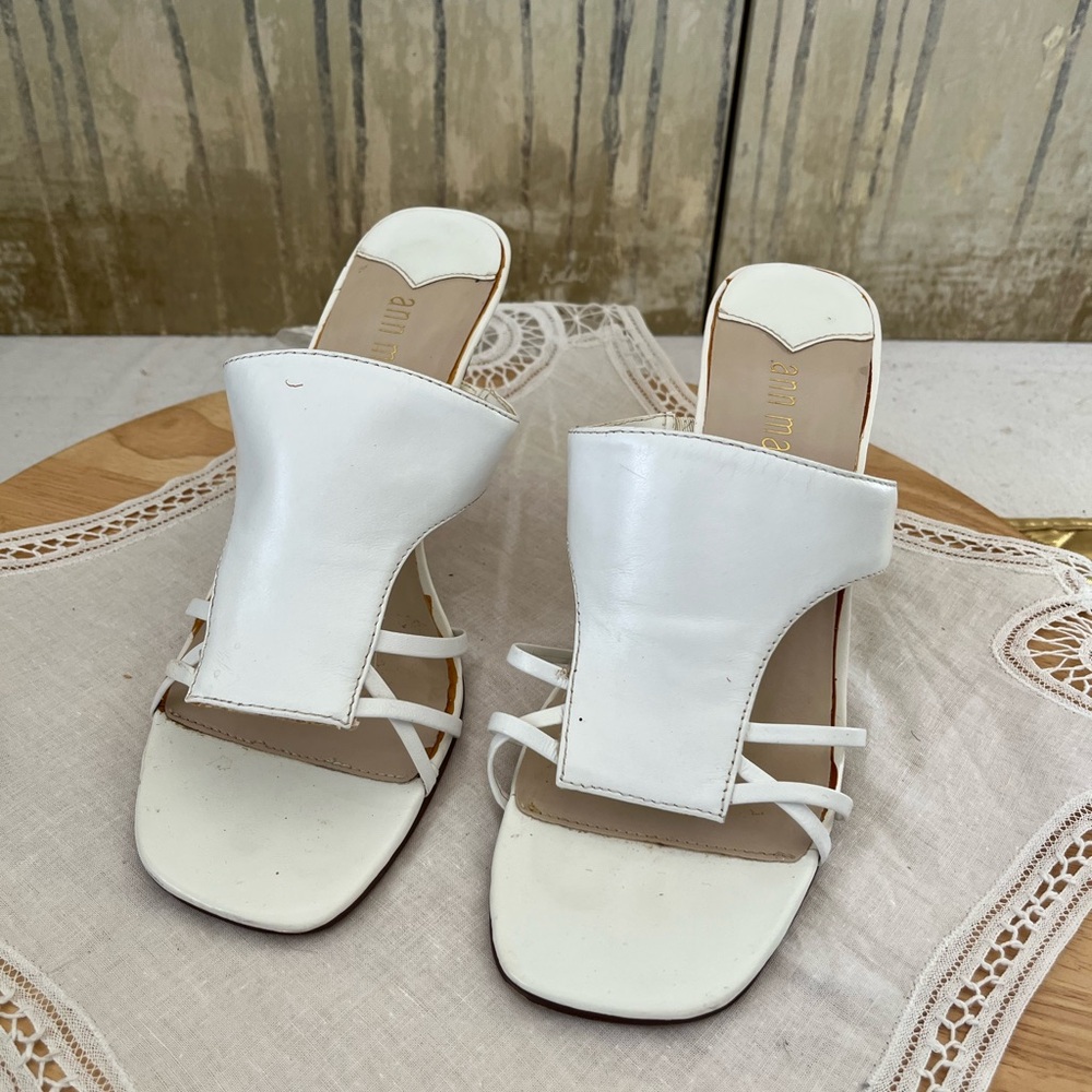 Ann Marino pair of white strappy heeled slide sandals